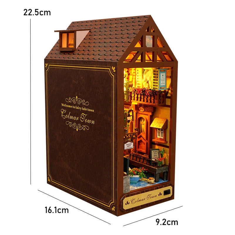 DIY Book Nook Insert Kits Wooden Doll House Building Kit Magic House Casa Bookend with LED Lights Bookshelf Home Decoration Gift