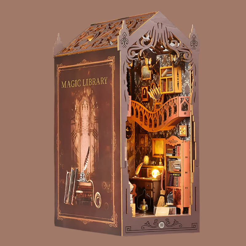DIY Book Nook Insert Kits Wooden Doll House Building Kit Magic House Casa Bookend with LED Lights Bookshelf Home Decoration Gift