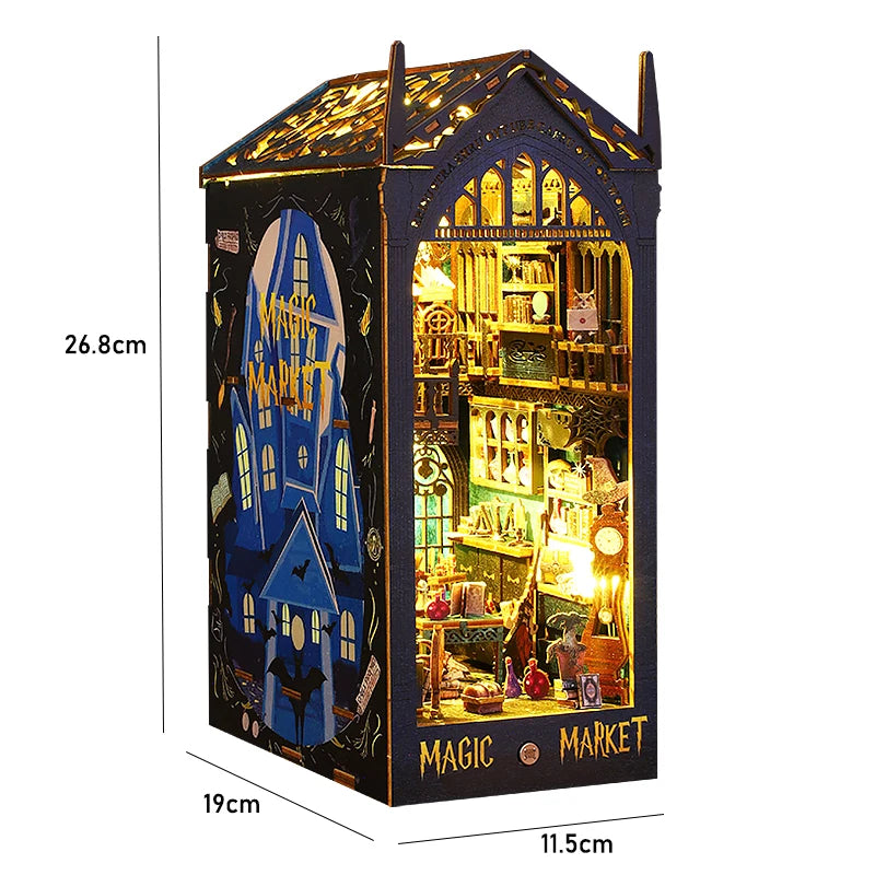DIY Book Nook Insert Kits Wooden Doll House Building Kit Magic House Casa Bookend with LED Lights Bookshelf Home Decoration Gift