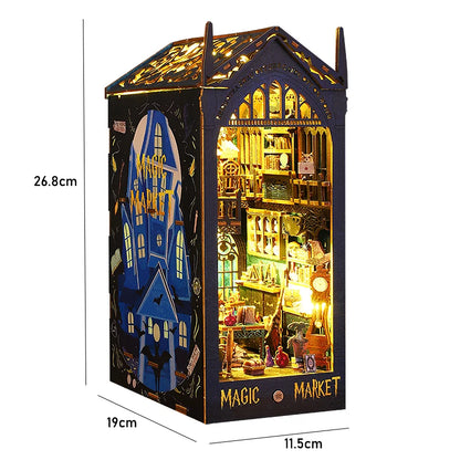DIY Book Nook Insert Kits Wooden Doll House Building Kit Magic House Casa Bookend with LED Lights Bookshelf Home Decoration Gift
