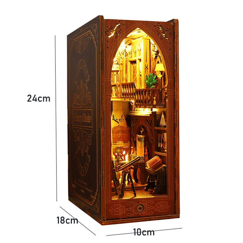 DIY Book Nook Insert Kits Wooden Doll House Building Kit Magic House Casa Bookend with LED Lights Bookshelf Home Decoration Gift