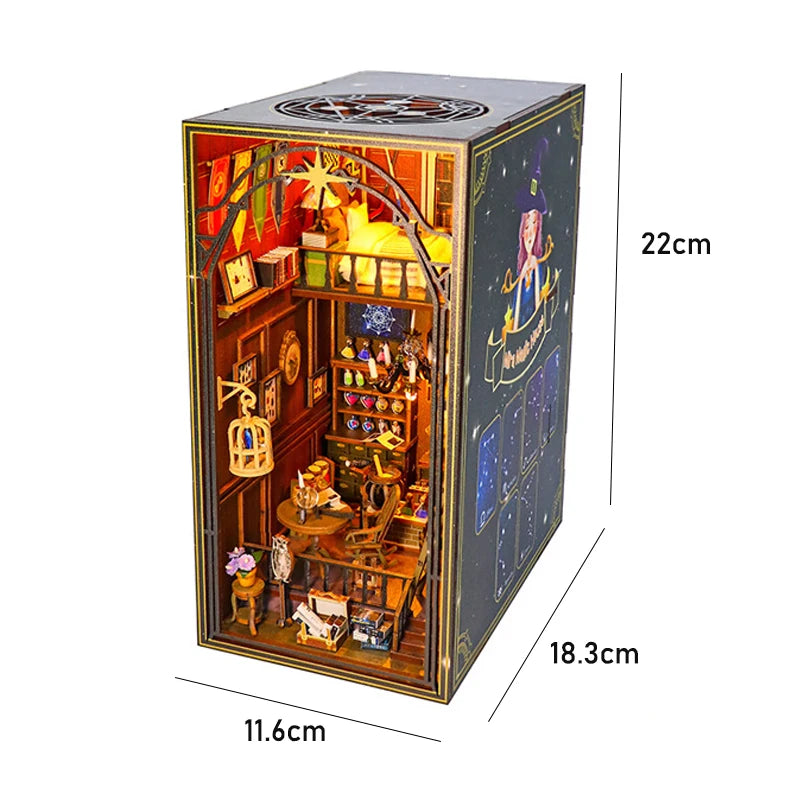 DIY Book Nook Insert Kits Wooden Doll House Building Kit Magic House Casa Bookend with LED Lights Bookshelf Home Decoration Gift