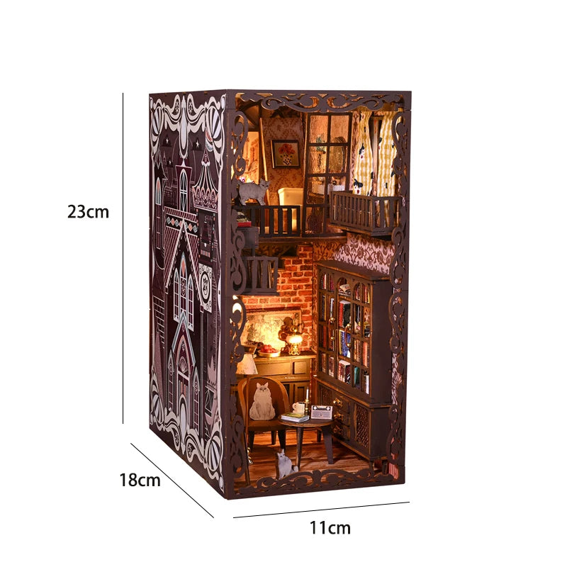 DIY Book Nook Insert Kits Wooden Doll House Building Kit Magic House Casa Bookend with LED Lights Bookshelf Home Decoration Gift