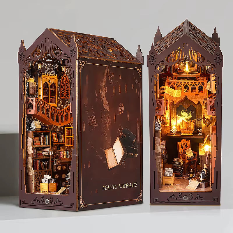 DIY Book Nook Insert Kits Wooden Doll House Building Kit Magic House Casa Bookend with LED Lights Bookshelf Home Decoration Gift
