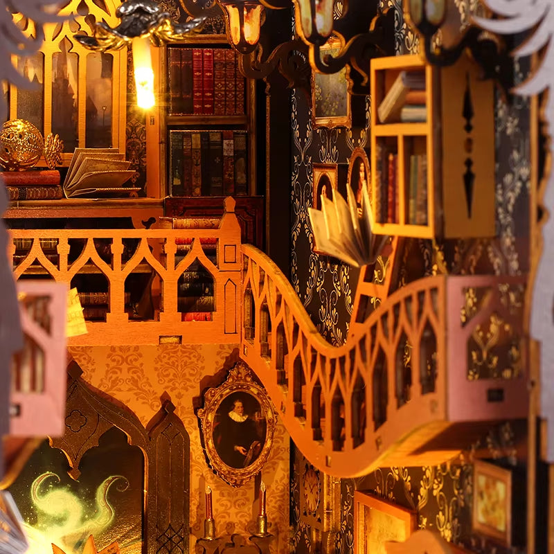 DIY Book Nook Insert Kits Wooden Doll House Building Kit Magic House Casa Bookend with LED Lights Bookshelf Home Decoration Gift